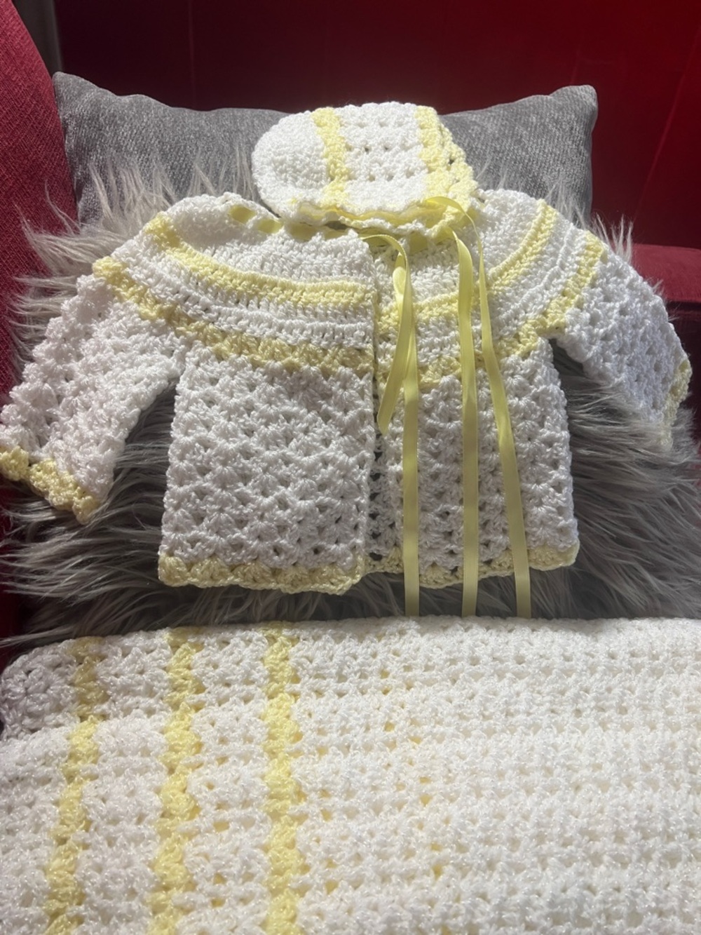 Handmade Baby Crochet Cardigan and Blanket Set in White and Yellow